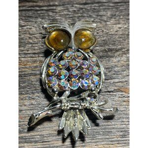 Owl Silvertone Vintage Brooch 2" Glass Eyes Iridescent Rhinestones